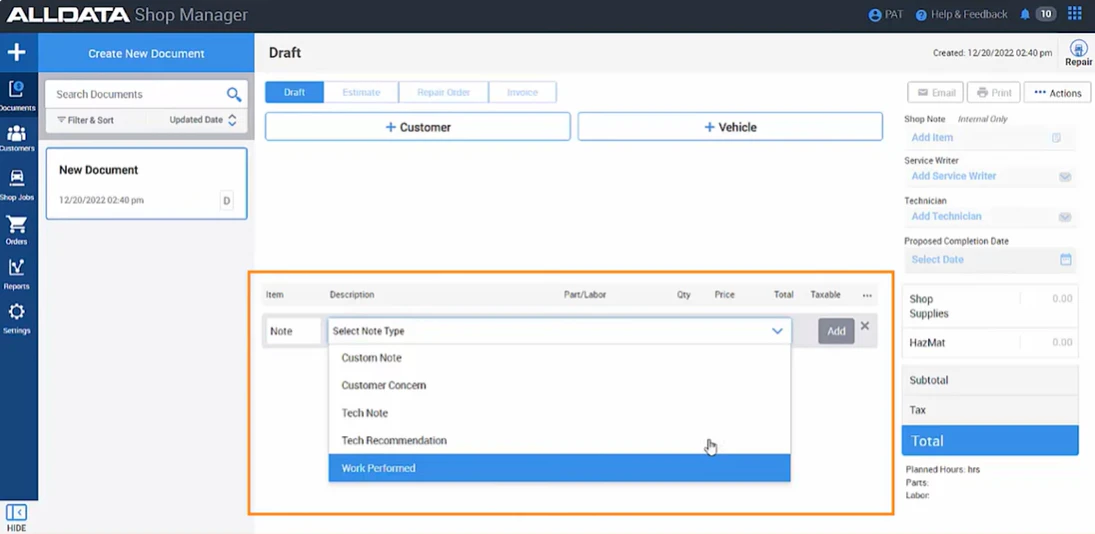 screenshot of ALLDATA Shop Manager